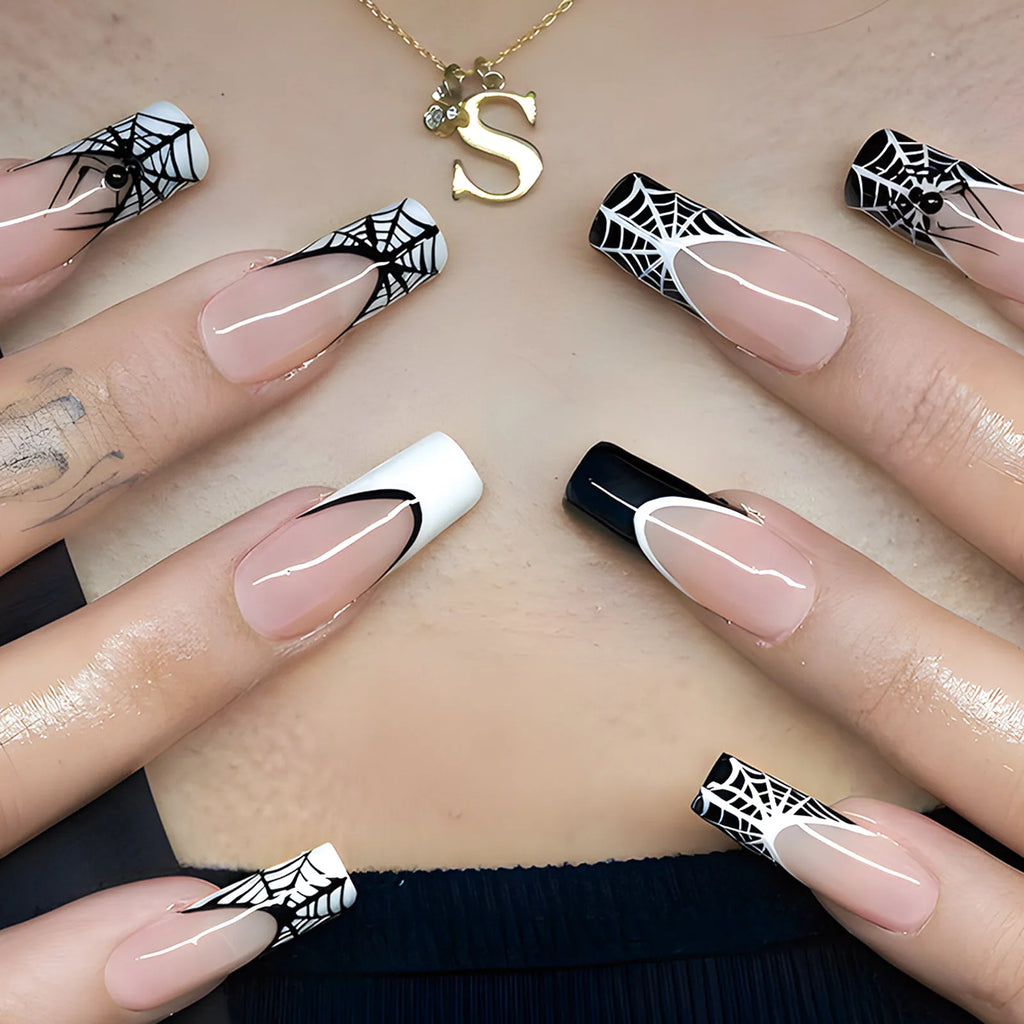 24pc Halloween Press On Nails, Silver Spider Gothic Almond Tips