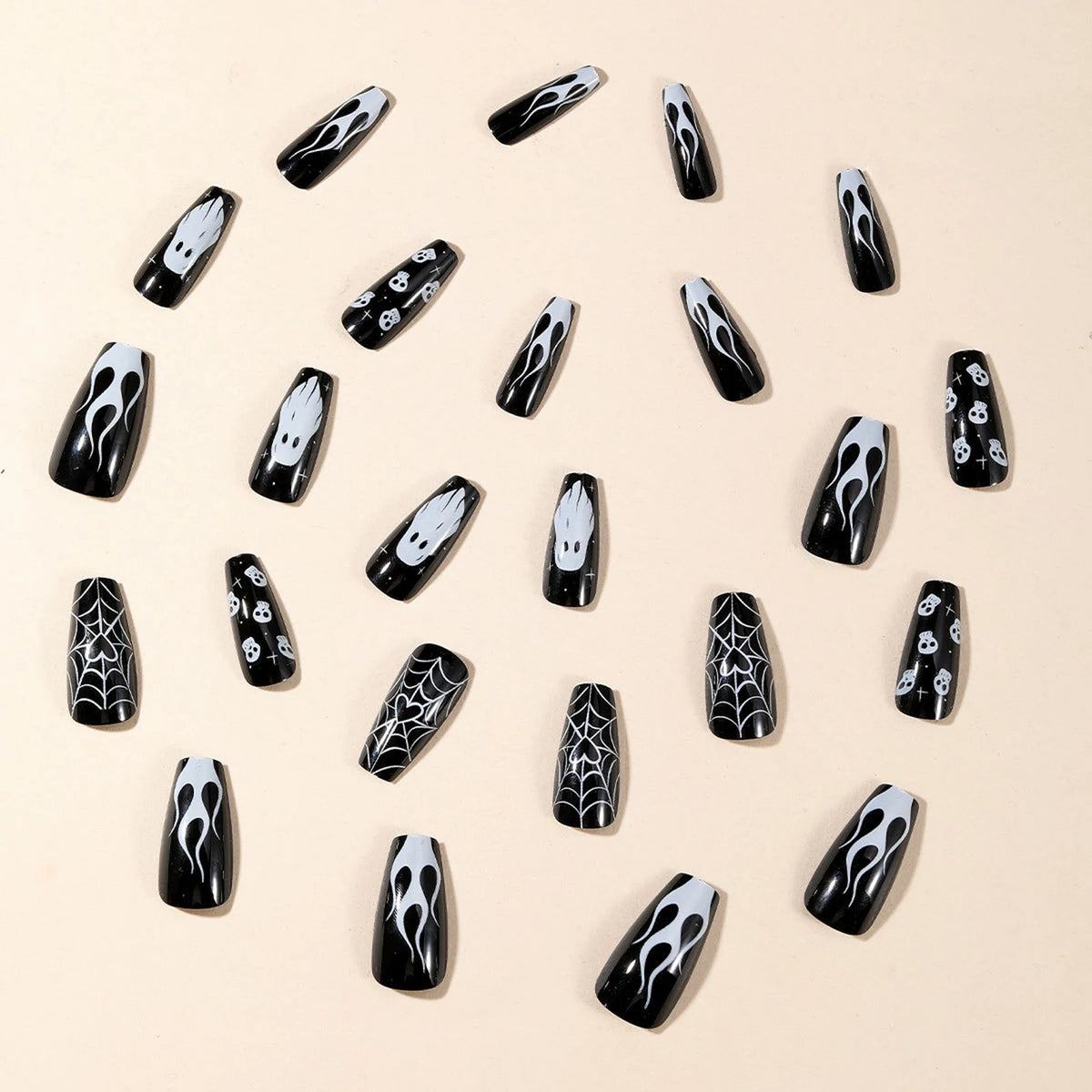24pc Halloween Press On Nails, Black Coffin Ghost Skull Web