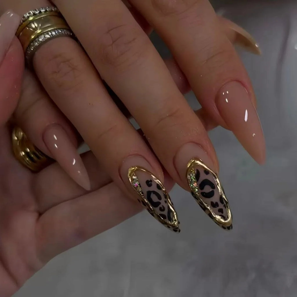 24pcs Spicy Girls French False Nails with Flower Leopard Print Design Long Almond Fake Nail Tips Brown Gold Bead Press on Nails