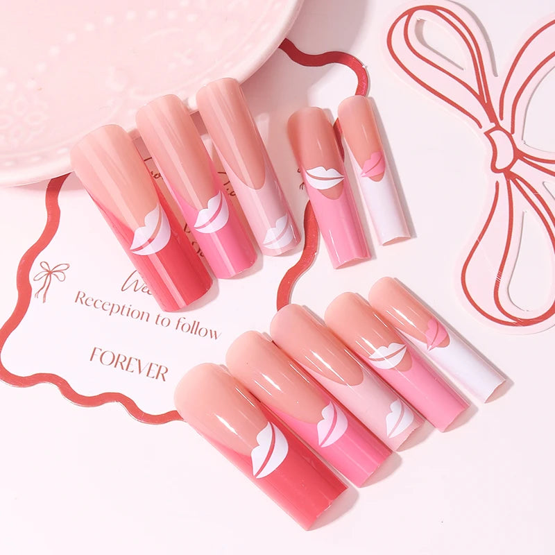 24pcs long square Press on Nails wealth decora French 3D Bow rhinestone Pink Fake Nails Cute Long Nail Art wearable detachable
