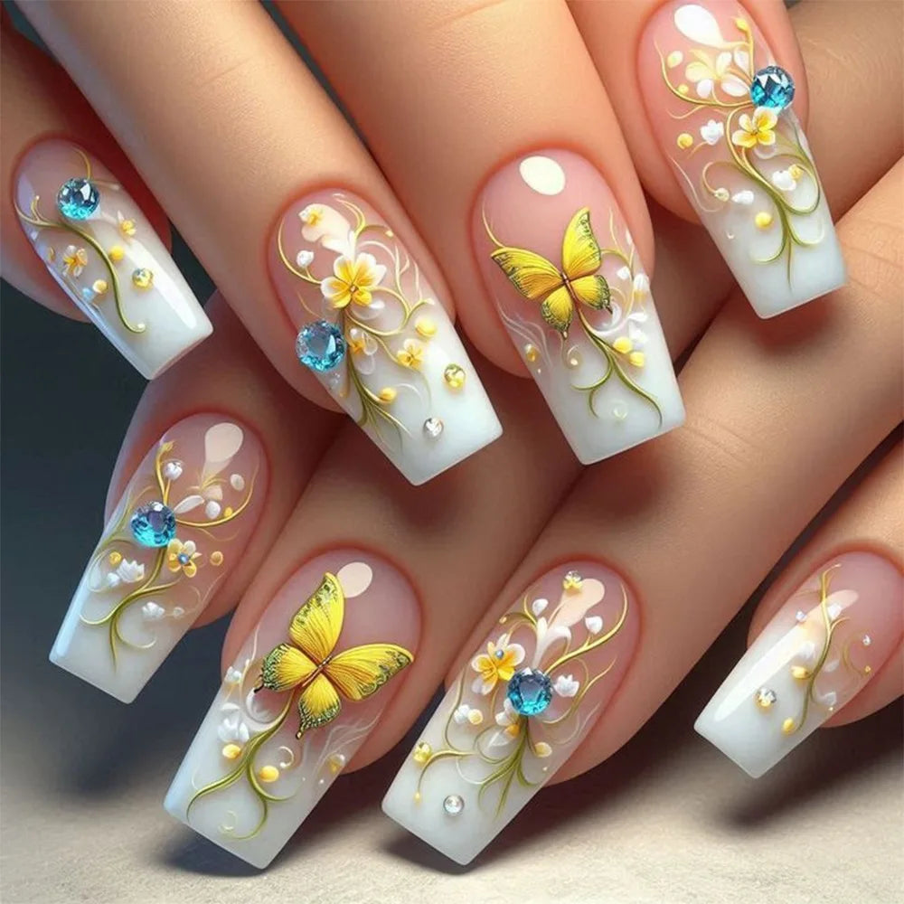 24pcs Mid-length Ballet Fake Acrylic Nails Flower Design Stick on Fake Nail Fashion Square Blue Artifical Wearable Press on Nails Tips Non-Brands