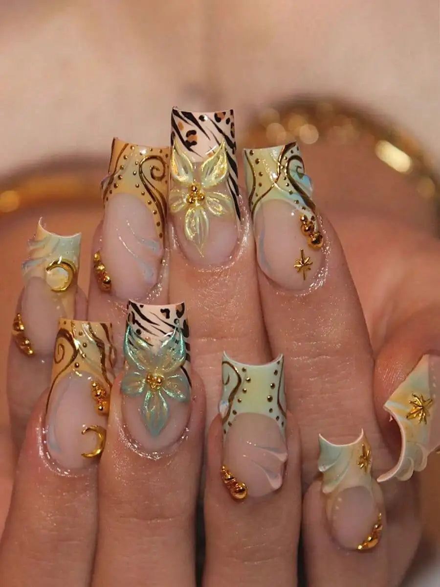 24pcs/Set Elegant 3D Floral, Wavy, Star, Moon & Pearl Designed Long Square Press-On Nails, Colorful Nail Art Accessories Suitabl