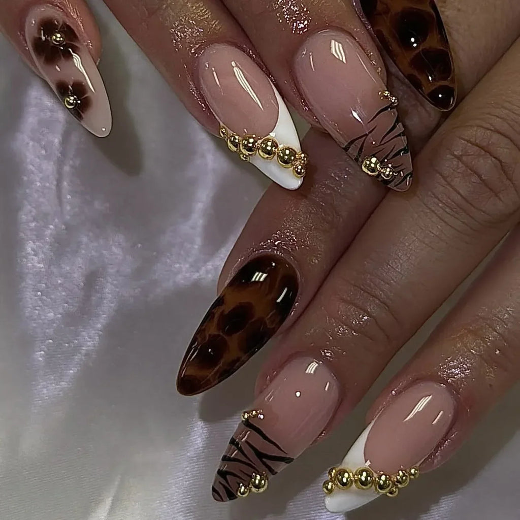 24pcs Spicy Girls French False Nails with Flower Leopard Print Design Long Almond Fake Nail Tips Brown Gold Bead Press on Nails