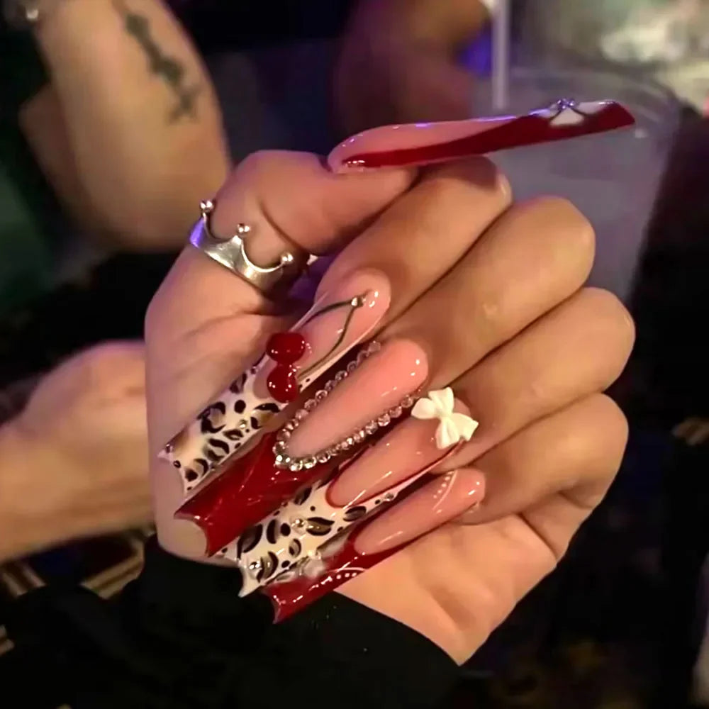24pcs long square Press on Nails wealth decora French 3D Bow rhinestone Pink Fake Nails Cute Long Nail Art wearable detachable