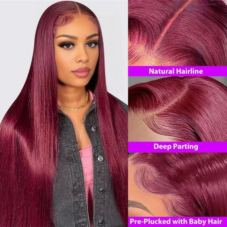 99J Burgundy 13x6 HD Lace Front Human Hair Wig 26 36 Inch