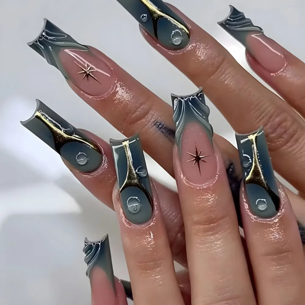 24Pcs Leopard Print Design False Nails with Bow Rhinestone Long Square Press on Nails Wearable French Ballet Fake Nail Tips