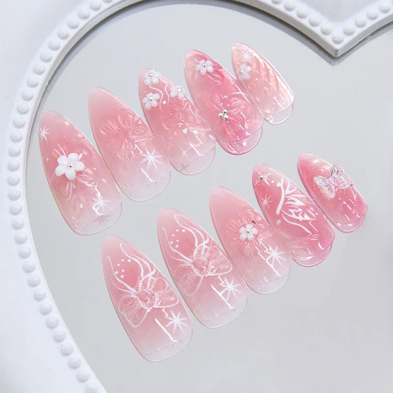 24pcs 3D Cat Eye Ice Flower Smudge Aura Butterfly Press On Nails Sweet Versatile Glossy Shimmer Ins European Trend Handmade Exquisite Finished False Nail Patches Skin Bright Reusable Removable Comfort Manicure Tips For Daily