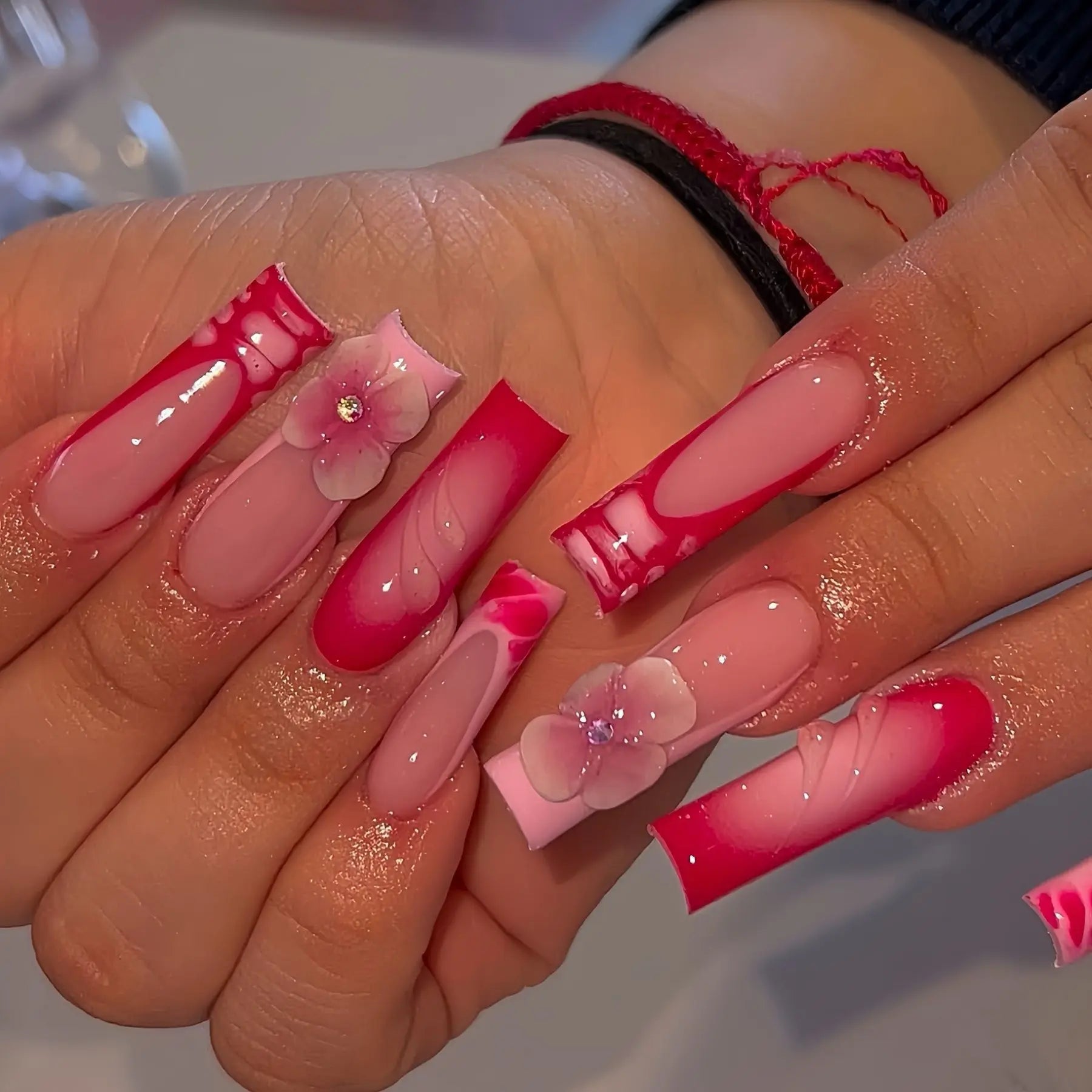 24Pcs Leopard Print Design False Nails with Bow Rhinestone Long Square Press on Nails Wearable French Ballet Fake Nail Tips