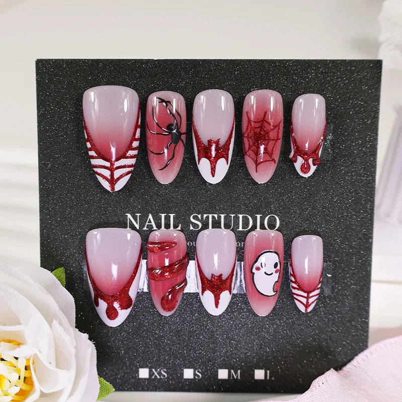 24pc Halloween Press On Nails, Silver Spider Gothic Almond Tips