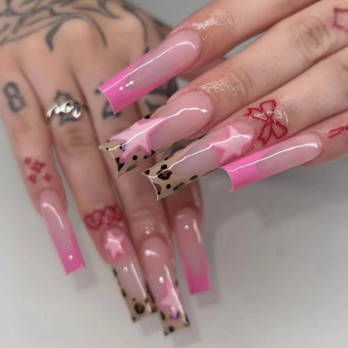 24pcs long square Press on Nails wealth decora French 3D Bow rhinestone Pink Fake Nails Cute Long Nail Art wearable detachable