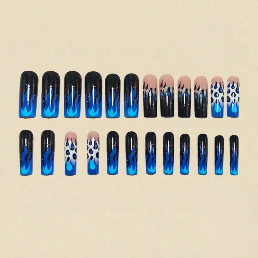 24PCS Y2K Blue Black Flame Fake Acrylic Nails Press On Nails for Women Leopard Print Glitter Long Coffin Nails Punk Party Cosplay Manicure ﻿Non-Brand