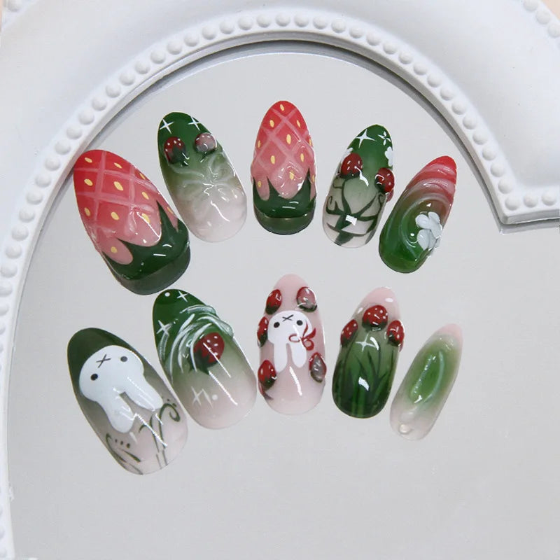 24pcs Ice Transparent 3D Strawberry Rabbit Floral Smudge Gradient Press On Nails Glossy Sweet Cute Ins Korean European Trend Style Handmade Soft Gentle Finished False Nail Patches Skin Flattering Reusable Removable Comfort Ma