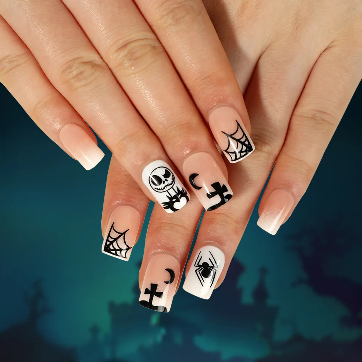 Halloween Gothic Press On Nails, Spider Bat Skull Reusable Tips