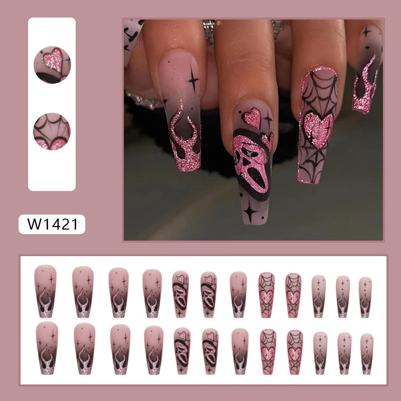 24pc Halloween Skull Press On Nails, Glitter Pink Ballet Tips