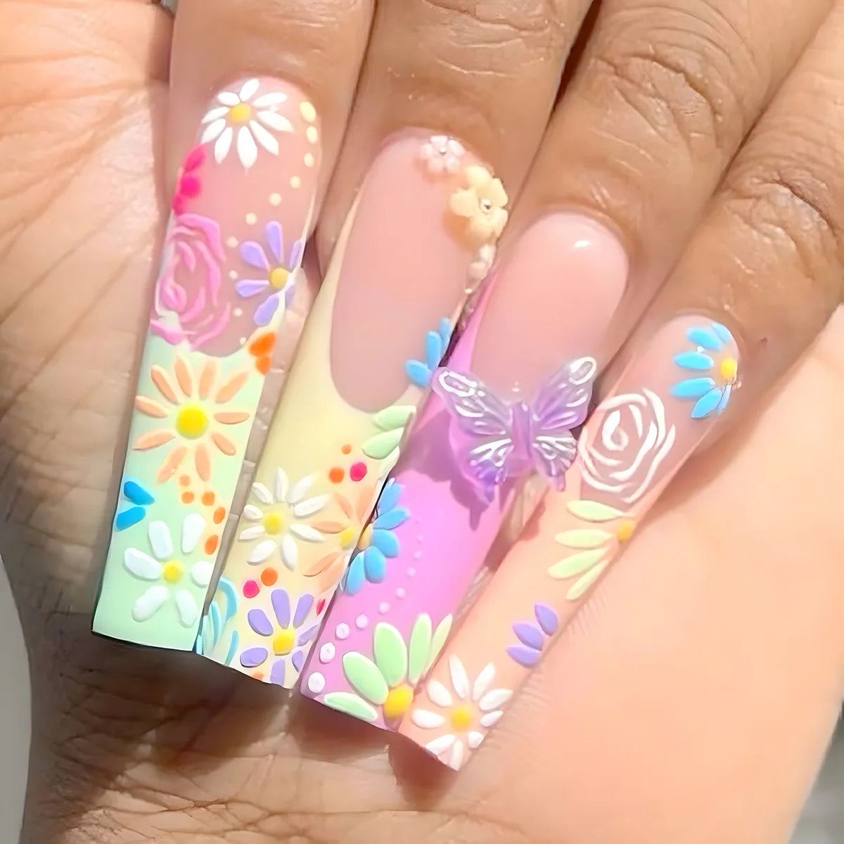 24Pcs Fake Acrylic Nails European and American wearing nail blue French wearing nail art 3D butterfly nail patch, anniversary gift, perfect gift for women, birthday gift, holiday gift Non-Brand
