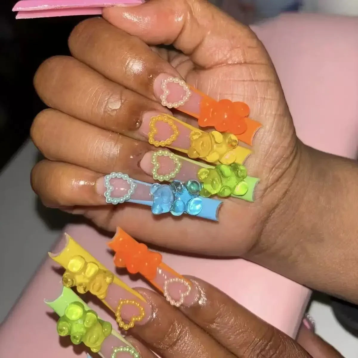 24pcs long square Press on Nails wealth decora French 3D Bow rhinestone Pink Fake Nails Cute Long Nail Art wearable detachable