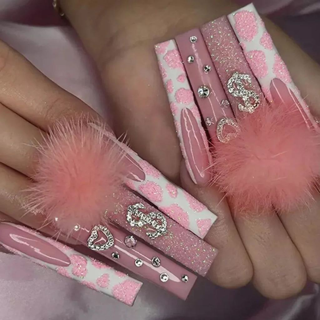 24Pcs Leopard Print Design False Nails with Bow Rhinestone Long Square Press on Nails Wearable French Ballet Fake Nail Tips