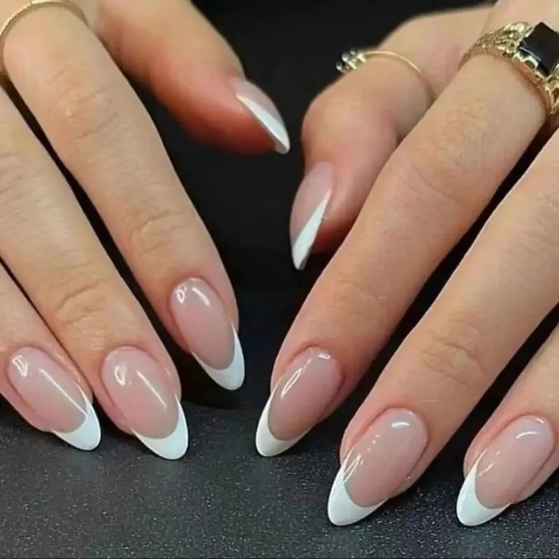 24pcs French Fake Nails Finished Almond Nails Sets with Golden Bow Design False Nail Art Simple Datachable Press on Nails Tips