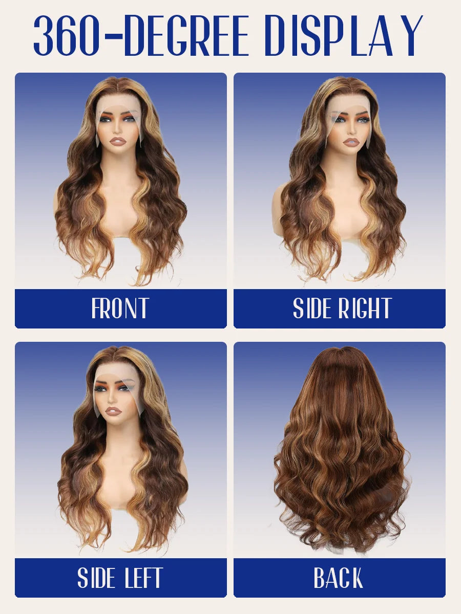 P4/27 Highlight Body Wave 40 Inch Long & 200% Density Human Hair Wigs HD