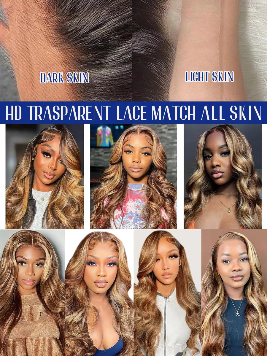 P4/27 Highlight Body Wave 40 Inch Long & 200% Density Human Hair Wigs HD