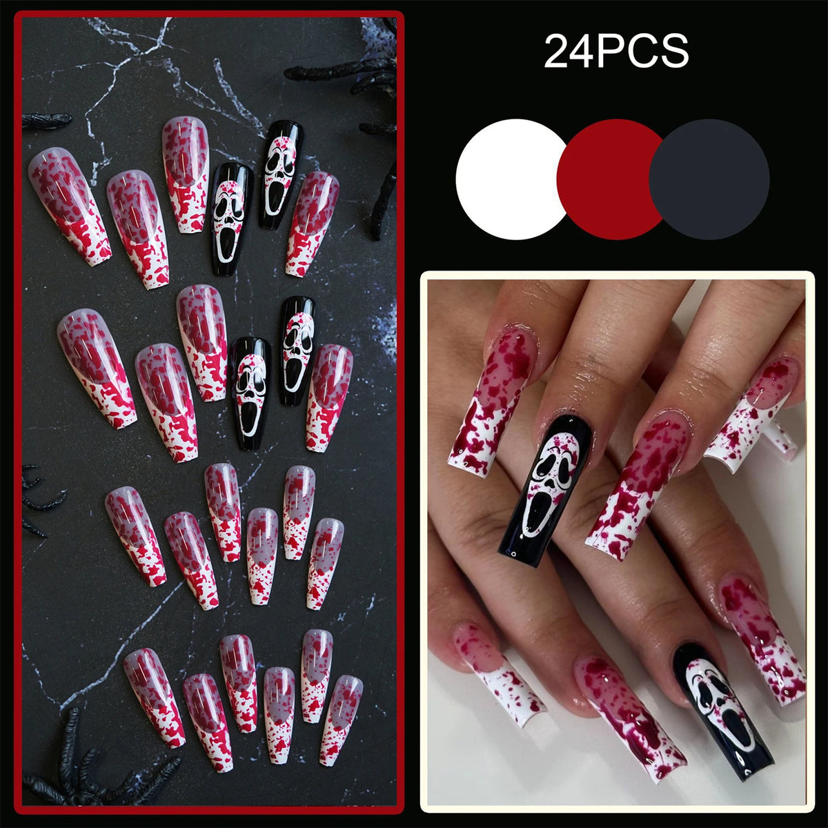 24pc Halloween Press On Nails, Long Coffin Ghost Face Design