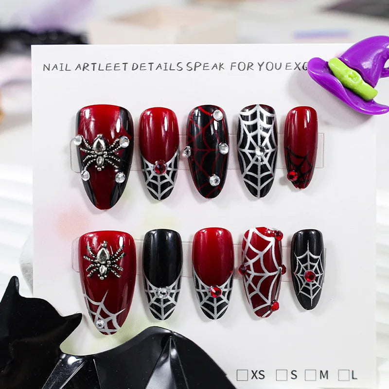 24pc Halloween Press On Nails, Silver Spider Gothic Almond Tips