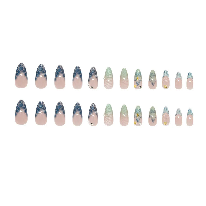 24pcs 3D Retro Blue Bubble Rhinestone Pearl Gradient Starfish Press On Nails Elegant Temperament Glossy Ins European Luxury Trend Handmade Exquisite Finished False Nail Patches Skin Bright Reusable Removable Comfort Manicure