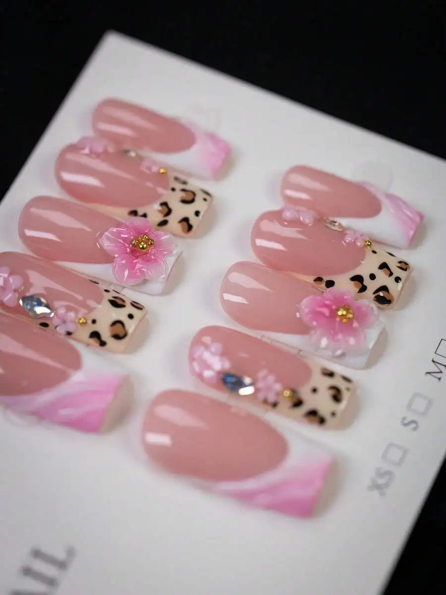 10pcs - Y2K Style Leopard Print Pink Flower Press On Nails, Pink Flower Gold Bead Square Nails - Leopard Print Design, Nude Pink Gradient, Sparkling Rhinestone Embellishment Fake Nails - Suitable For Daily, Party, And Outdoor