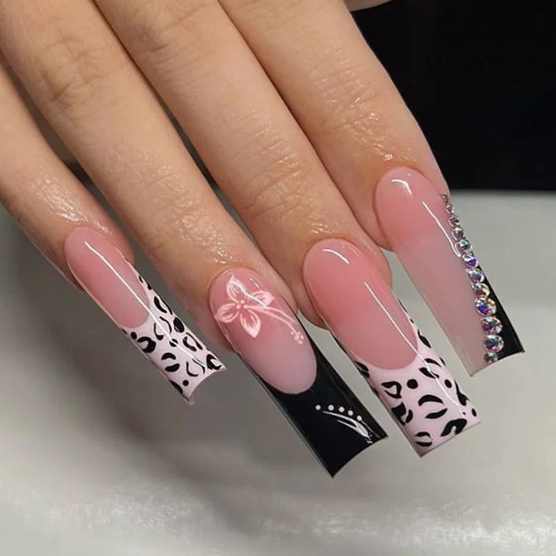 24Pcs Leopard Print Design False Nails with Bow Rhinestone Long Square Press on Nails Wearable French Ballet Fake Nail Tips
