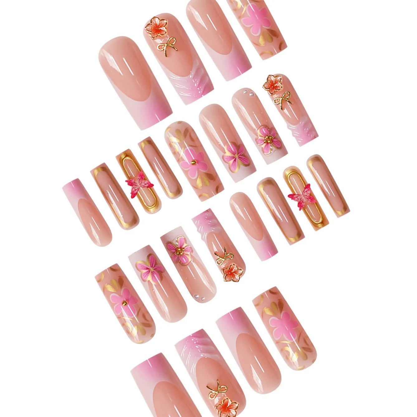 24 pieces of powder gold butterfly three-dimensional carved rectangular nail art factory finished product