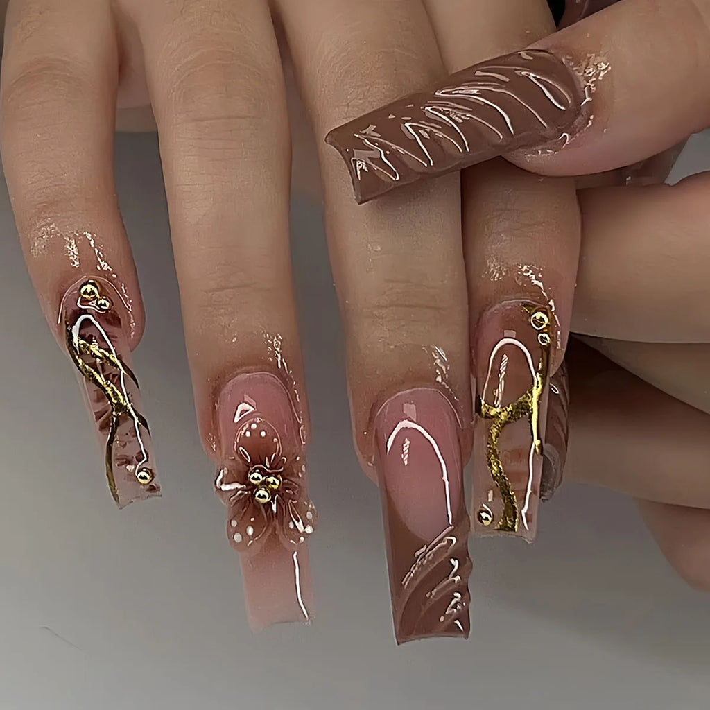 24Pcs Leopard Print Design False Nails with Bow Rhinestone Long Square Press on Nails Wearable French Ballet Fake Nail Tips