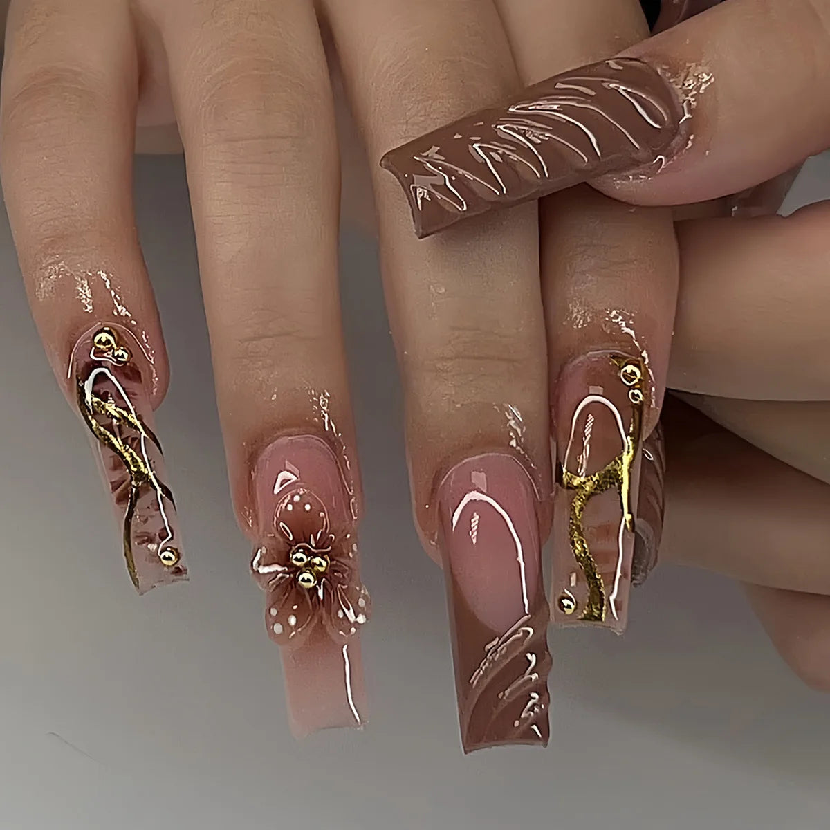24Pcs Leopard Print Design False Nails with Bow Rhinestone Long Square Press on Nails Wearable French Ballet Fake Nail Tips