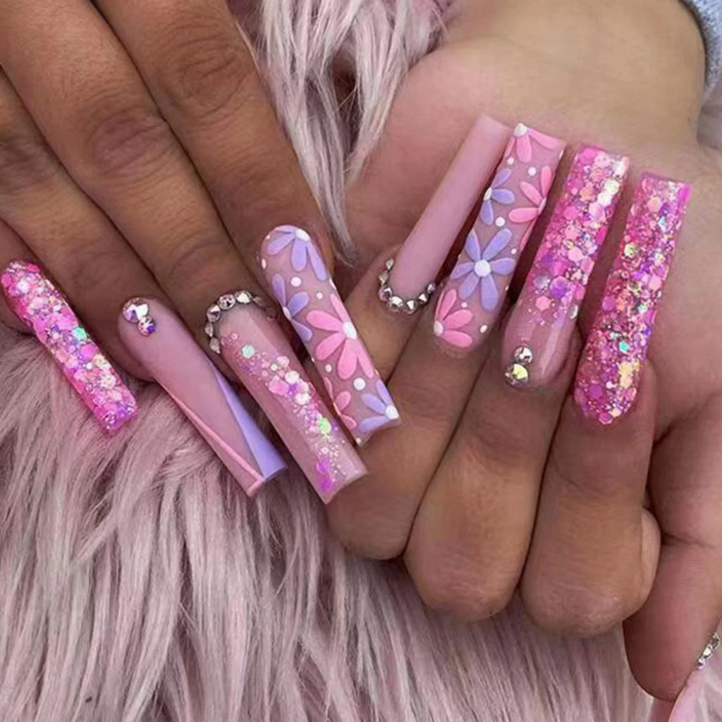 24Pcs Leopard Print Design False Nails with Bow Rhinestone Long Square Press on Nails Wearable French Ballet Fake Nail Tips