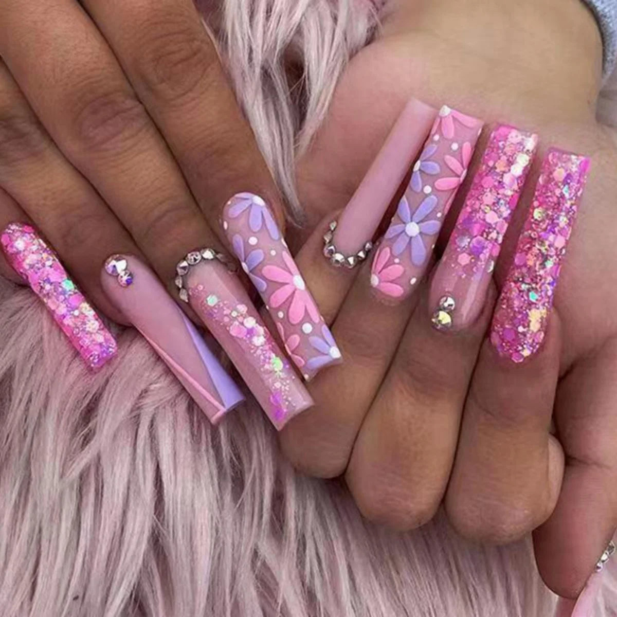 24Pcs Leopard Print Design False Nails with Bow Rhinestone Long Square Press on Nails Wearable French Ballet Fake Nail Tips