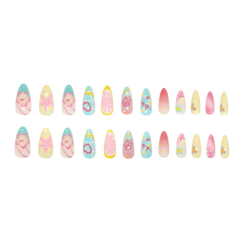 24pcs 3D Summer Fresh Fruit Party Graffiti Heart Plaid Floral European Ins Press On Nails Cute Vibrant Removable Reusable False Nail Patches All Match Beach Daily Dating Holiday Manicure