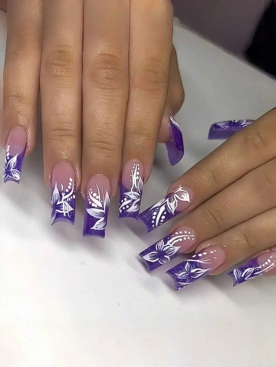 24pcs Square Long False Nails Purple French White Floral Nail Art Tips Wearable Full Coverage Removable For Women