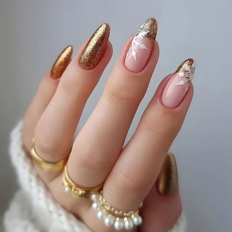 24pcs French Fake Nails Finished Almond Nails Sets with Golden Bow Design False Nail Art Simple Datachable Press on Nails Tips