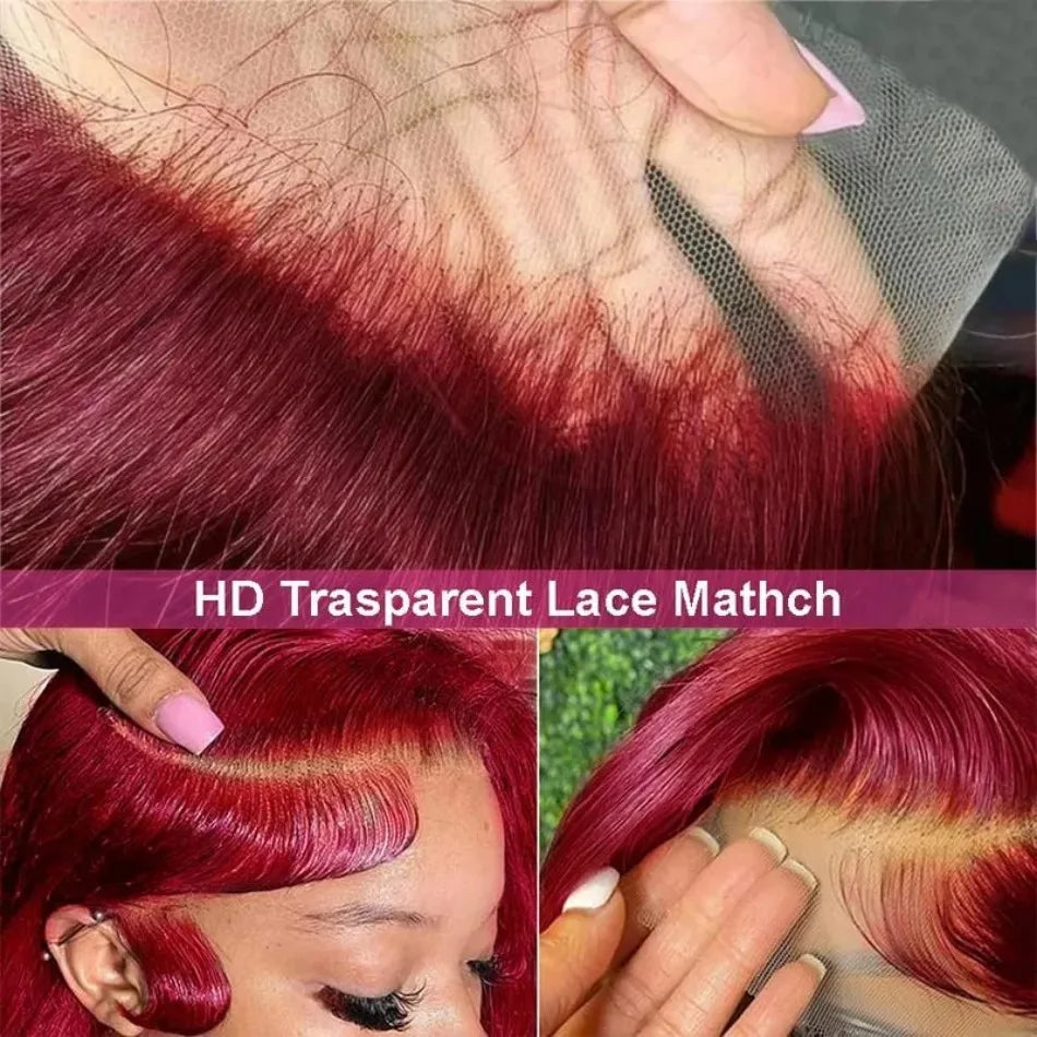 99J Burgundy 13x6 HD Lace Front Human Hair Wig 26 36 Inch