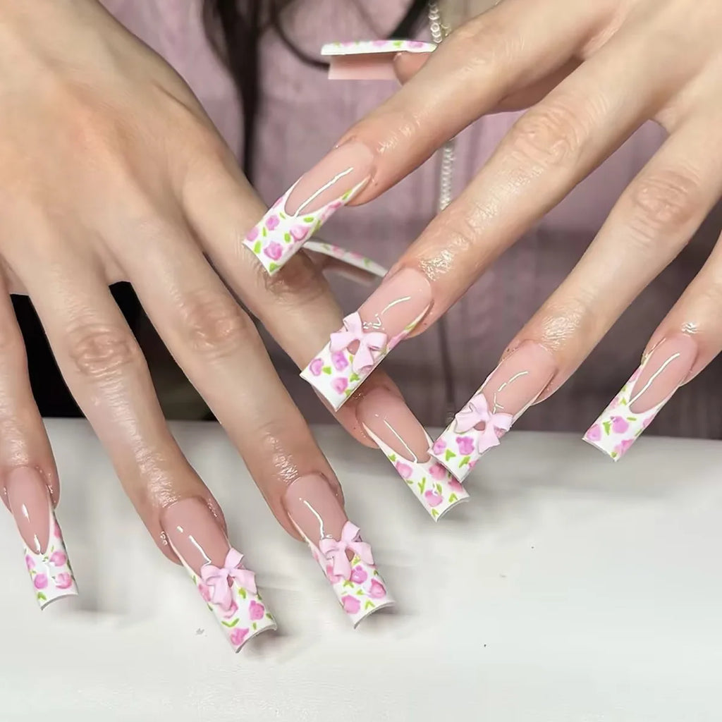 24Pcs Leopard Print Design False Nails with Bow Rhinestone Long Square Press on Nails Wearable French Ballet Fake Nail Tips