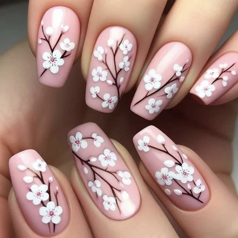 24pcs Mid-length Ballet Fake Acrylic Nails Flower Design Stick on Fake Nail Fashion Square Blue Artifical Wearable Press on Nails Tips Non-Brands