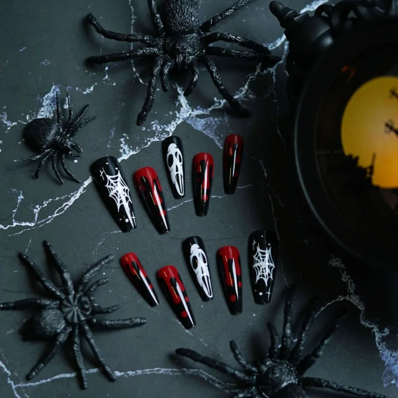 24pc Halloween Press On Nails, Red Ghost Coffin Acrylic Tips