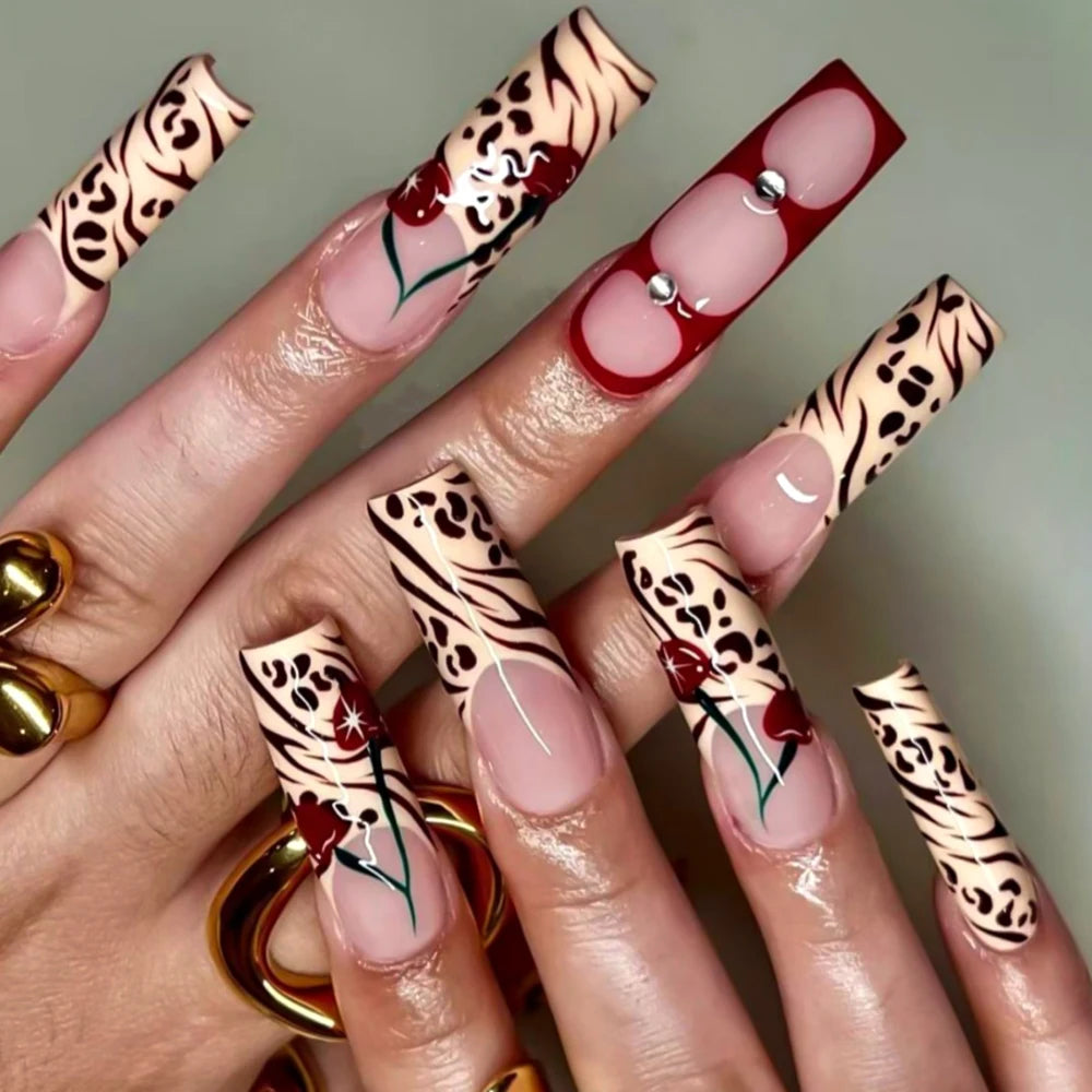 24pcs long square Press on Nails wealth decora French 3D Bow rhinestone Pink Fake Nails Cute Long Nail Art wearable detachable