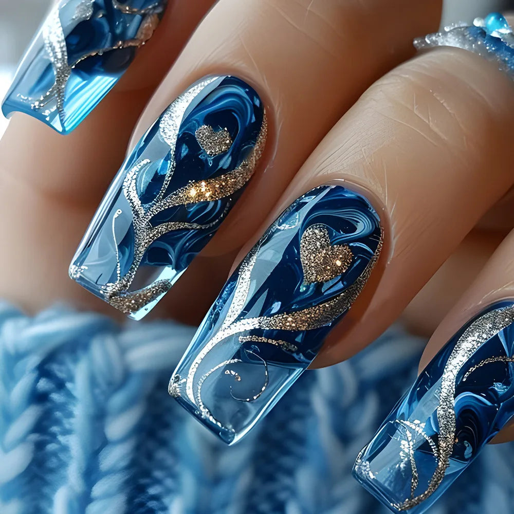 24pcs Mid-length Ballet Fake Acrylic Nails Flower Design Stick on Fake Nail Fashion Square Blue Artifical Wearable Press on Nails Tips Non-Brands