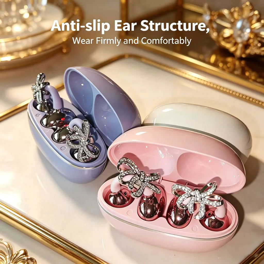 Diamond Bow Open Ear Bluetooth 5.4 Wireless Earbuds, HD Mic
