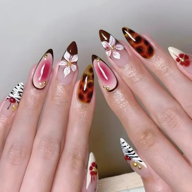 24Pcs Mid-length 3D Flowers Design Fingertips Sweet Butterfly Yellow Ripple Almond False Nails Detachable Full Cover Press Ons