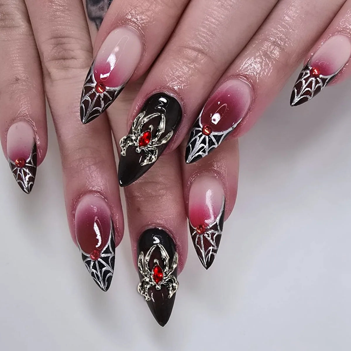 24pc Halloween Press On Nails, Silver Spider Gothic Almond Tips