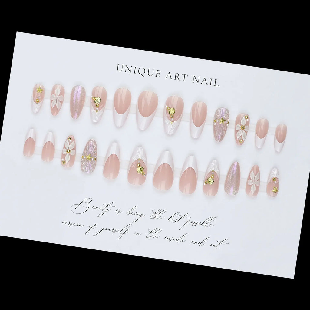 24pcs Simple French White Edge Press On Nails with 3D Flowers & Golden Stars, Removable Full Cover False Nail Tips for Daily Dating, Shopping & Casual Party, Elegant Trendy Manicure for Young Girls and Fashion Women