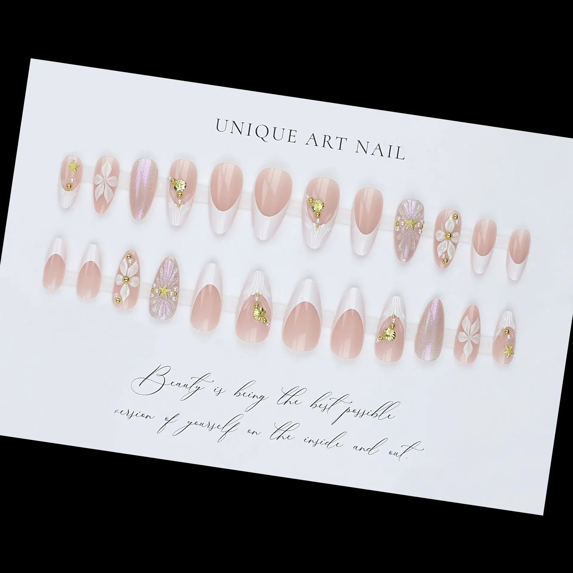 24pcs Simple French White Edge Press On Nails with 3D Flowers & Golden Stars, Removable Full Cover False Nail Tips for Daily Dating, Shopping & Casual Party, Elegant Trendy Manicure for Young Girls and Fashion Women