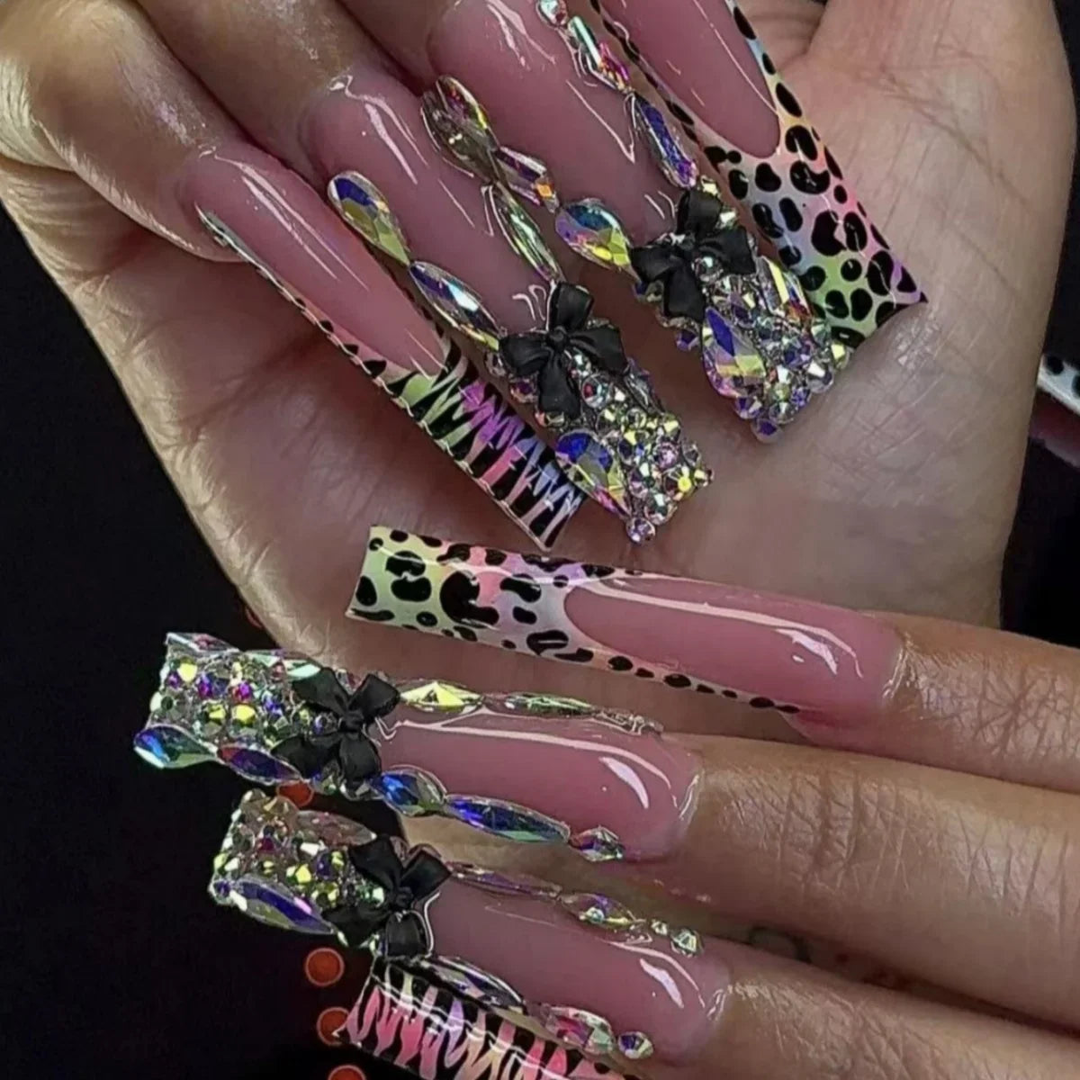 24pcs long square Press on Nails wealth decora French 3D Bow rhinestone Pink Fake Nails Cute Long Nail Art wearable detachable