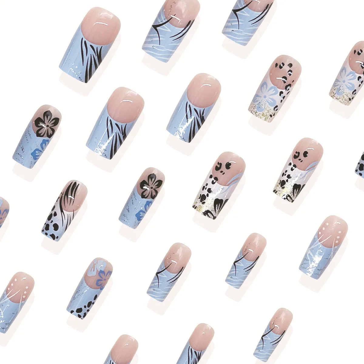 24Pcs fake nail art, summer blue and white jumping color medium long Chinese wearing nail art, fake nail patch black and white blue flower leopard print, anniversary gift, perfect gift for women, birthday gift, holiday gift